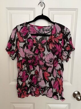Sunny Leigh Pink & Black Floral Ruffle-Sleeve V-Neck Blouse